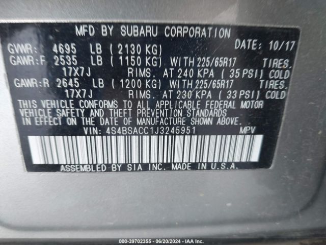 Photo 8 VIN: 4S4BSACC1J3245951 - SUBARU OUTBACK 