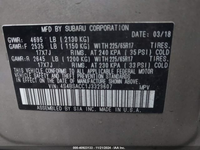 Photo 8 VIN: 4S4BSACC1J3329607 - SUBARU OUTBACK 