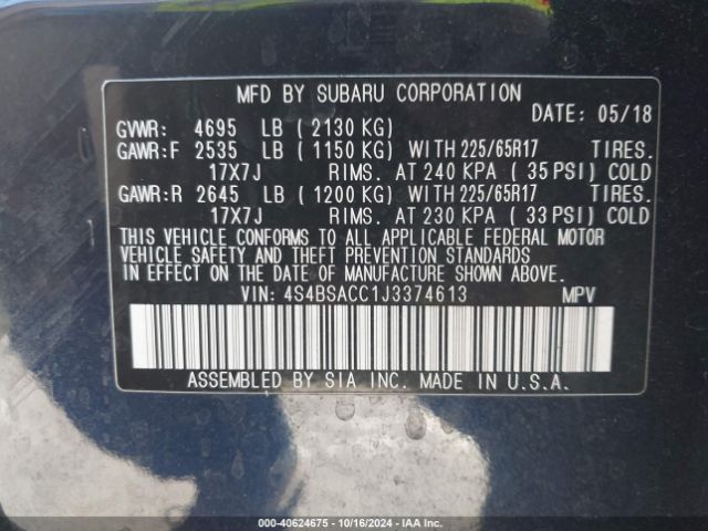 Photo 8 VIN: 4S4BSACC1J3374613 - SUBARU OUTBACK 