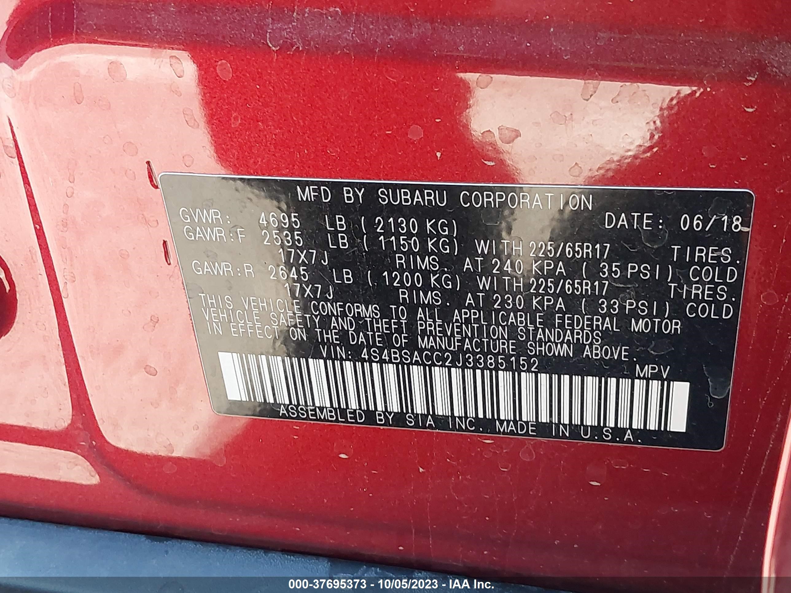 Photo 8 VIN: 4S4BSACC2J3385152 - SUBARU OUTBACK 