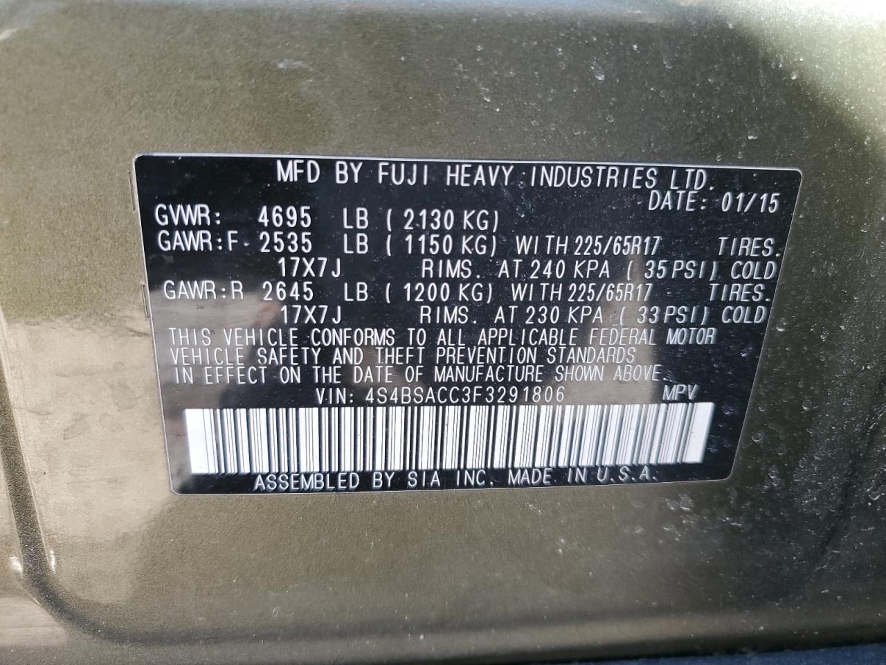 Photo 12 VIN: 4S4BSACC3F3291806 - SUBARU OUTBACK 