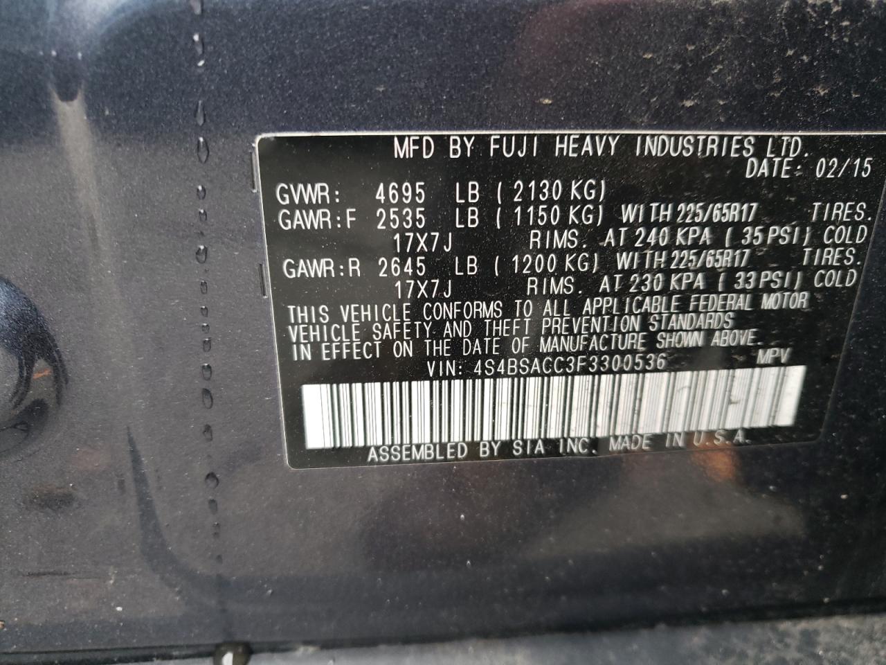 Photo 11 VIN: 4S4BSACC3F3300536 - SUBARU OUTBACK 