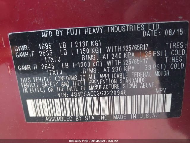 Photo 8 VIN: 4S4BSACC3G3220946 - SUBARU OUTBACK 