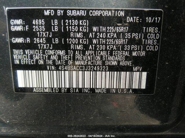 Photo 8 VIN: 4S4BSACC3J3249323 - SUBARU OUTBACK 