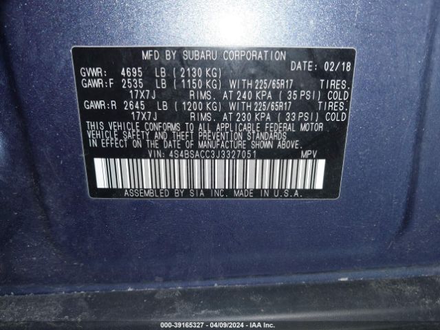 Photo 8 VIN: 4S4BSACC3J3327051 - SUBARU OUTBACK 