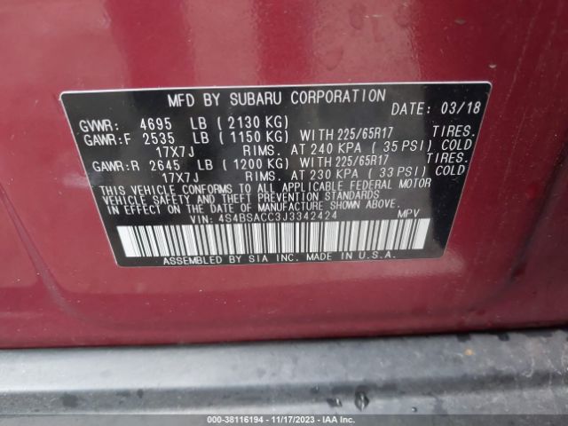 Photo 8 VIN: 4S4BSACC3J3342424 - SUBARU OUTBACK 