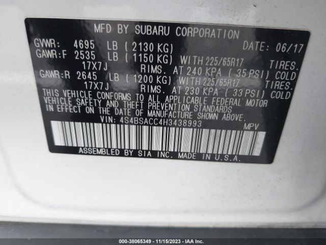 Photo 8 VIN: 4S4BSACC4H3438993 - SUBARU OUTBACK 