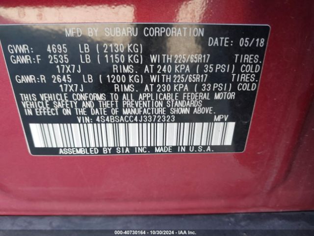 Photo 8 VIN: 4S4BSACC4J3372323 - SUBARU OUTBACK 