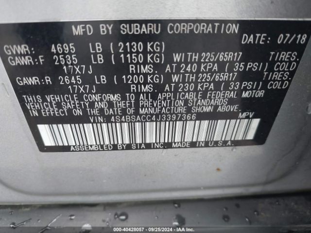 Photo 8 VIN: 4S4BSACC4J3397366 - SUBARU OUTBACK 