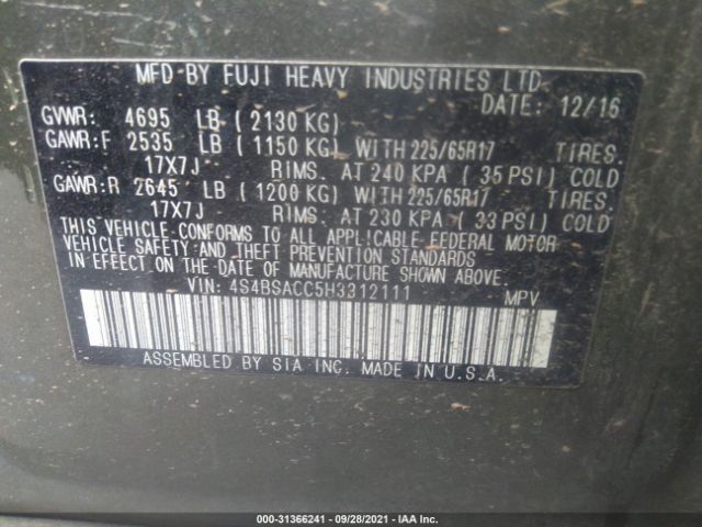 Photo 8 VIN: 4S4BSACC5H3312111 - SUBARU OUTBACK 