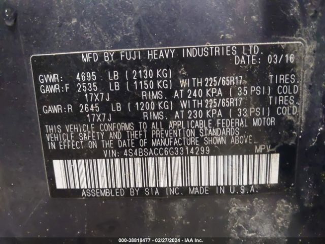 Photo 8 VIN: 4S4BSACC6G3314299 - SUBARU OUTBACK 