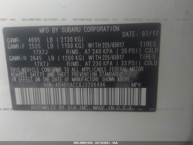 Photo 8 VIN: 4S4BSACC6J3206496 - SUBARU OUTBACK 