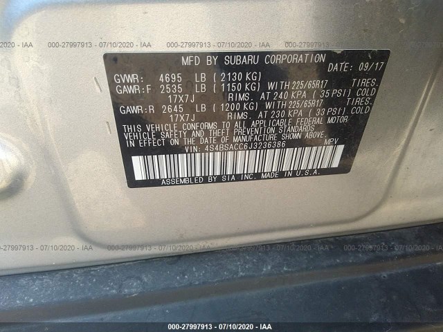 Photo 8 VIN: 4S4BSACC6J3236386 - SUBARU OUTBACK 