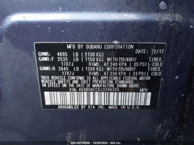 Photo 8 VIN: 4S4BSACC6J3286205 - SUBARU OUTBACK 