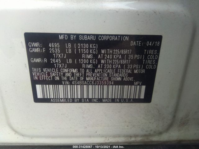 Photo 8 VIN: 4S4BSACC6J3359394 - SUBARU OUTBACK 