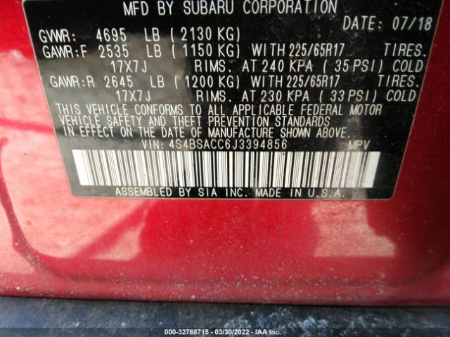 Photo 8 VIN: 4S4BSACC6J3394856 - SUBARU OUTBACK 