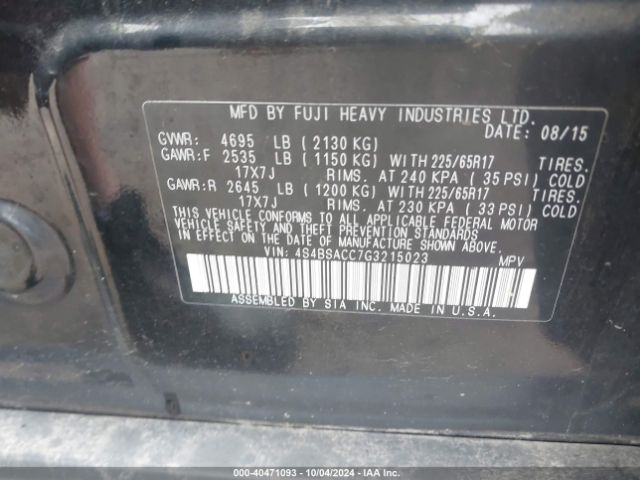 Photo 8 VIN: 4S4BSACC7G3215023 - SUBARU OUTBACK 