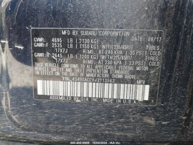 Photo 8 VIN: 4S4BSACC8J3213563 - SUBARU OUTBACK 