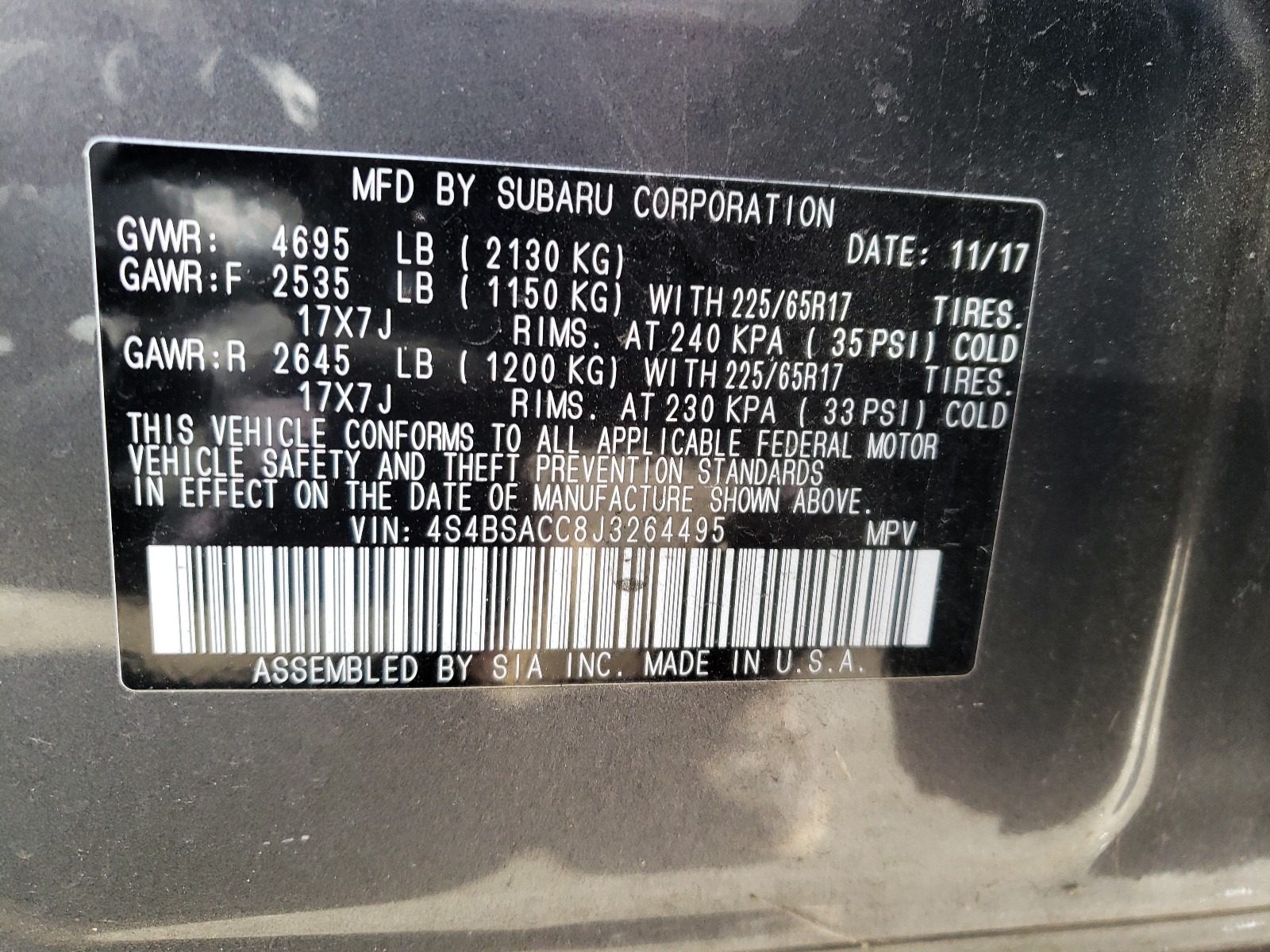 Photo 9 VIN: 4S4BSACC8J3264495 - SUBARU OUTBACK 2. 