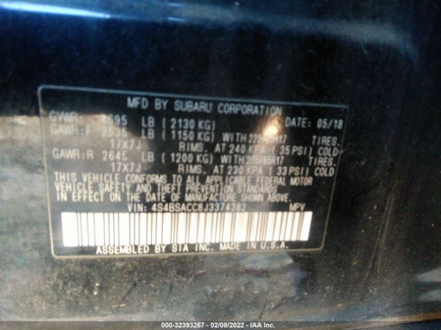 Photo 8 VIN: 4S4BSACC8J3374382 - SUBARU OUTBACK 