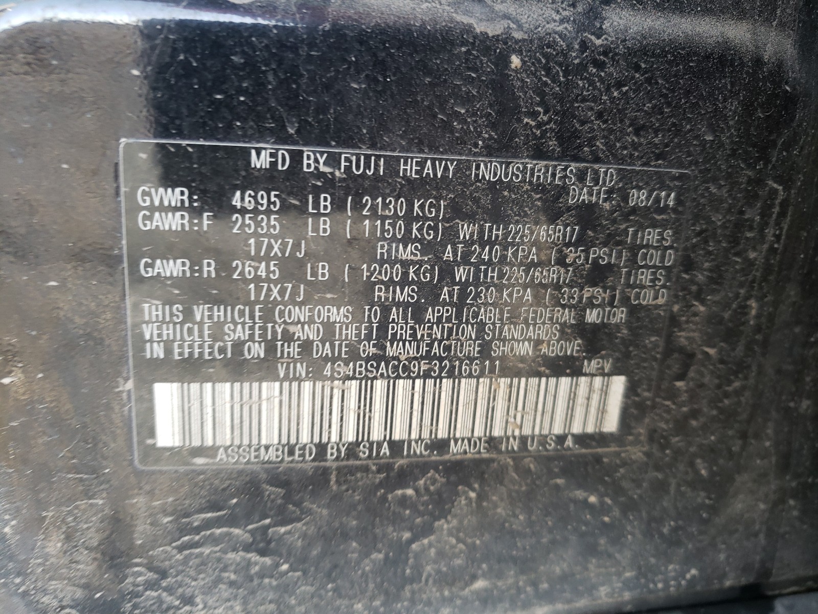 Photo 9 VIN: 4S4BSACC9F3216611 - SUBARU OUTBACK 2. 