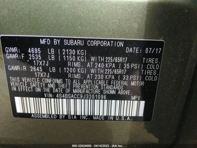 Photo 8 VIN: 4S4BSACC9J3201096 - SUBARU OUTBACK 