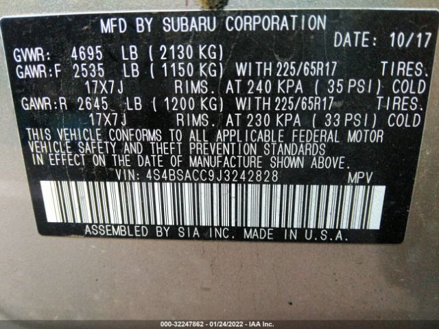 Photo 8 VIN: 4S4BSACC9J3242828 - SUBARU OUTBACK 