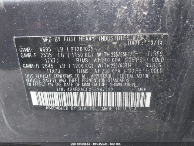 Photo 8 VIN: 4S4BSACCXF3247222 - SUBARU OUTBACK 