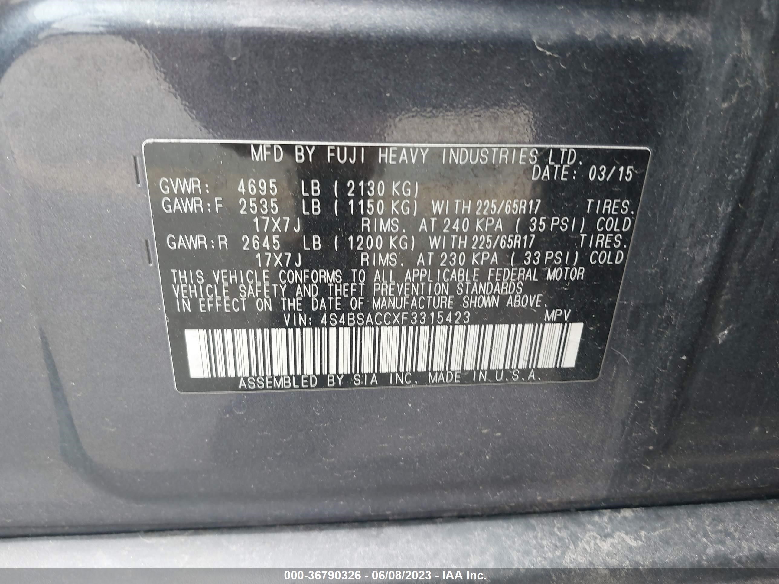 Photo 8 VIN: 4S4BSACCXF3315423 - SUBARU OUTBACK 