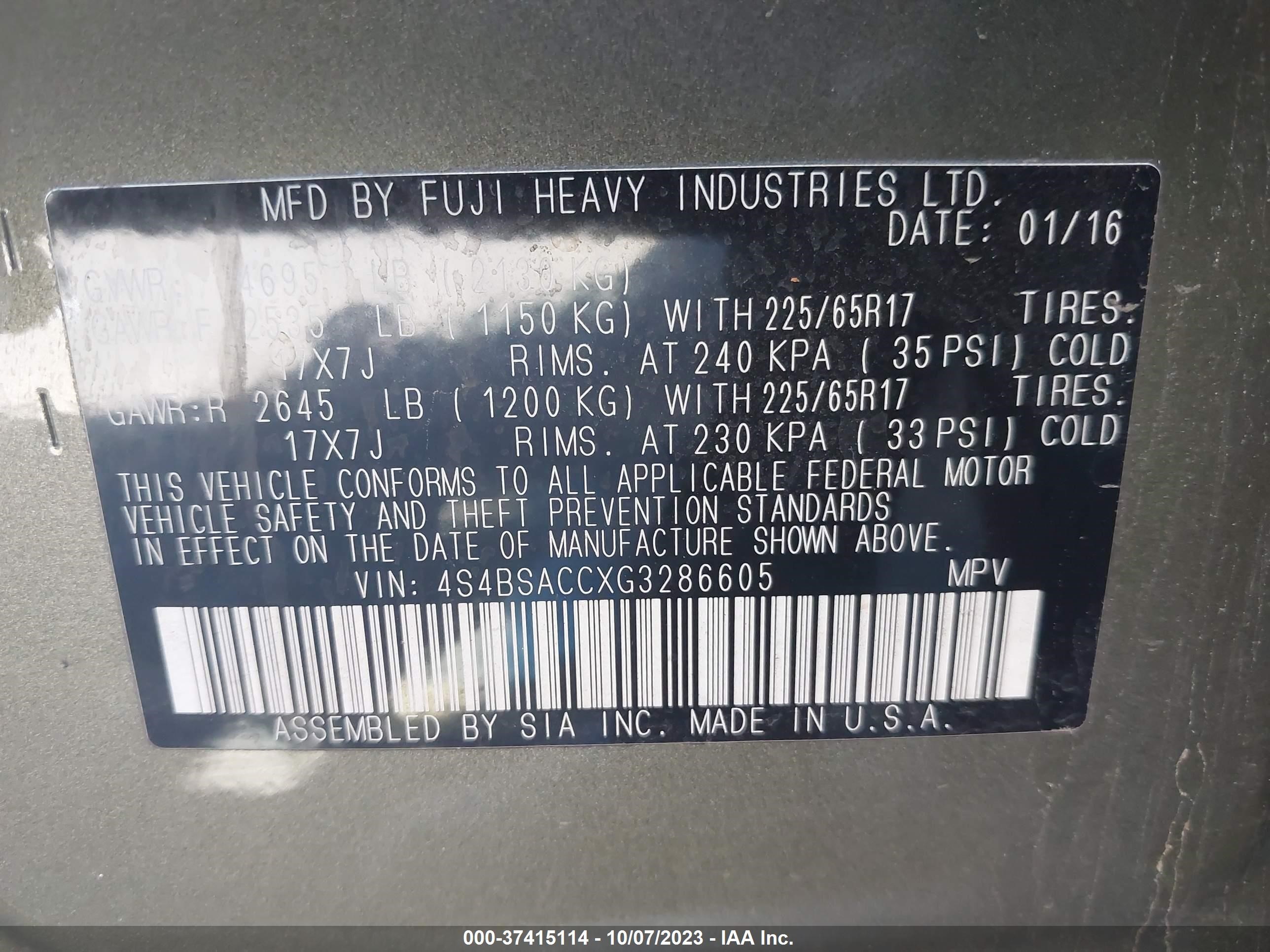 Photo 8 VIN: 4S4BSACCXG3286605 - SUBARU OUTBACK 