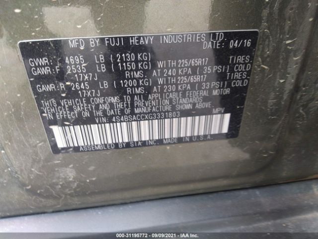 Photo 8 VIN: 4S4BSACCXG3331803 - SUBARU OUTBACK 