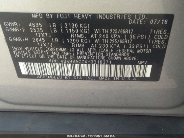 Photo 8 VIN: 4S4BSACCXH3218371 - SUBARU OUTBACK 