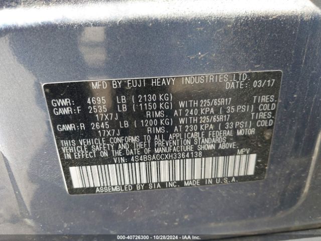 Photo 8 VIN: 4S4BSACCXH3364138 - SUBARU OUTBACK 