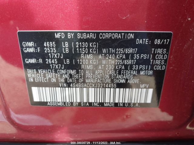 Photo 8 VIN: 4S4BSACCXJ3214455 - SUBARU OUTBACK 