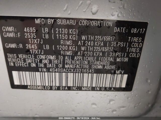 Photo 8 VIN: 4S4BSACCXJ3216545 - SUBARU OUTBACK 