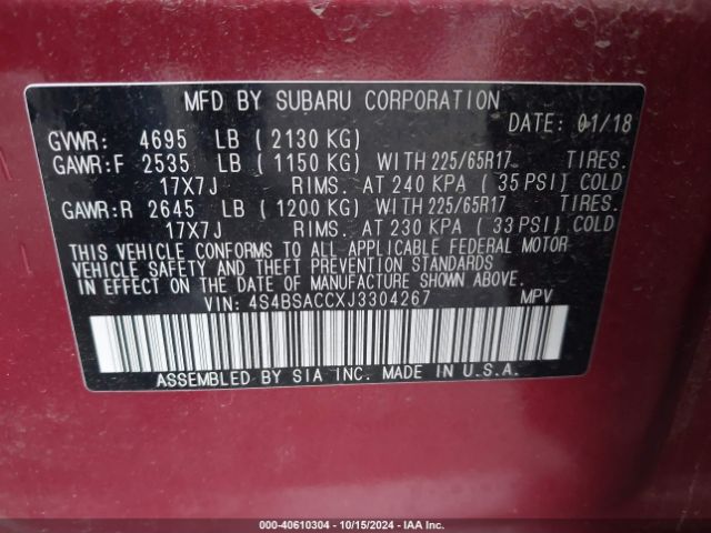 Photo 8 VIN: 4S4BSACCXJ3304267 - SUBARU OUTBACK 