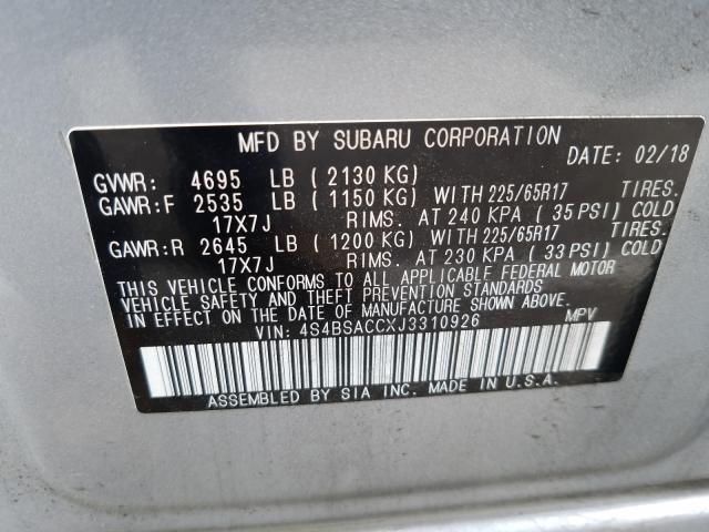 Photo 9 VIN: 4S4BSACCXJ3310926 - SUBARU OUTBACK 2. 