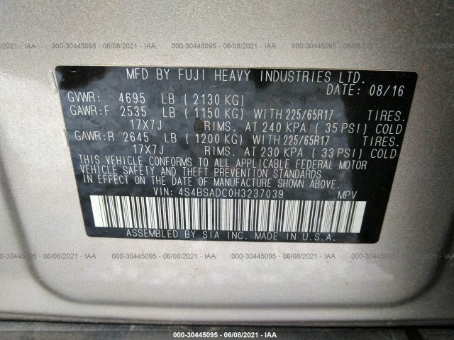 Photo 8 VIN: 4S4BSADC0H3237039 - SUBARU OUTBACK 