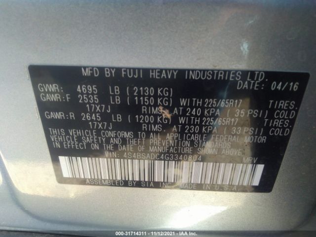 Photo 8 VIN: 4S4BSADC4G3340804 - SUBARU OUTBACK 