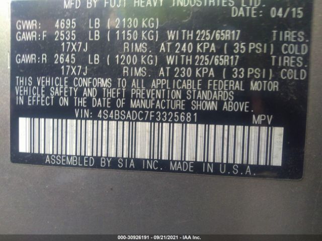 Photo 8 VIN: 4S4BSADC7F3325681 - SUBARU OUTBACK 