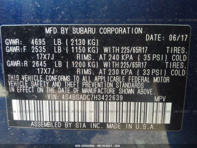 Photo 8 VIN: 4S4BSADC7H3422639 - SUBARU OUTBACK 