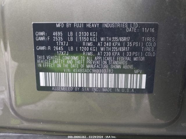 Photo 8 VIN: 4S4BSADC9H3303782 - SUBARU OUTBACK 