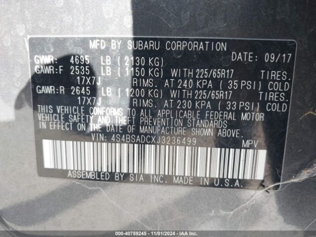 Photo 8 VIN: 4S4BSADCXJ3236499 - SUBARU OUTBACK 