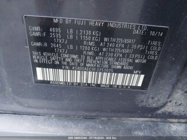 Photo 8 VIN: 4S4BSAEC9F3253025 - SUBARU OUTBACK 