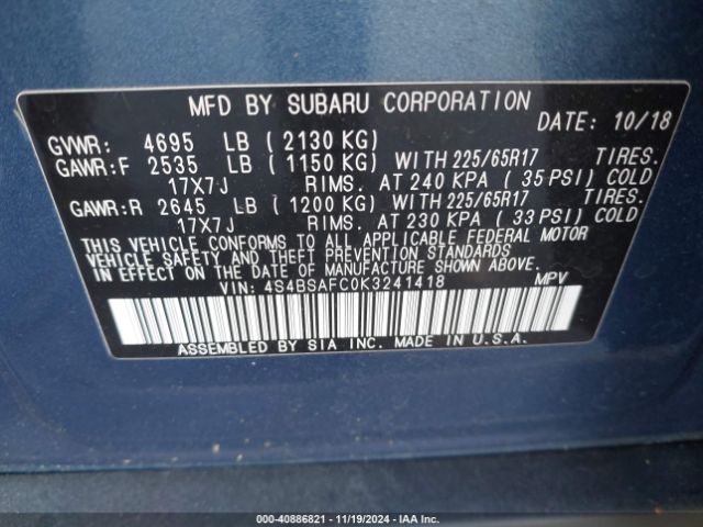 Photo 8 VIN: 4S4BSAFC0K3241418 - SUBARU OUTBACK 