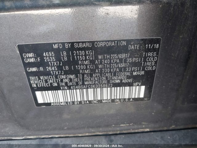 Photo 8 VIN: 4S4BSAFC0K3258672 - SUBARU OUTBACK 