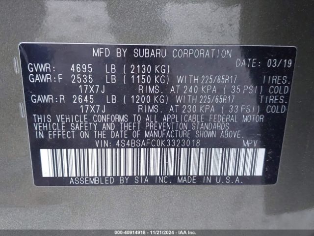 Photo 8 VIN: 4S4BSAFC0K3323018 - SUBARU OUTBACK 