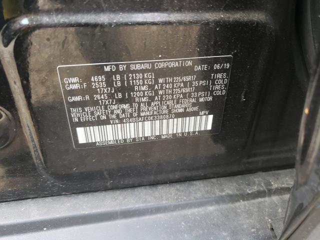 Photo 9 VIN: 4S4BSAFC0K3380870 - SUBARU OUTBACK 