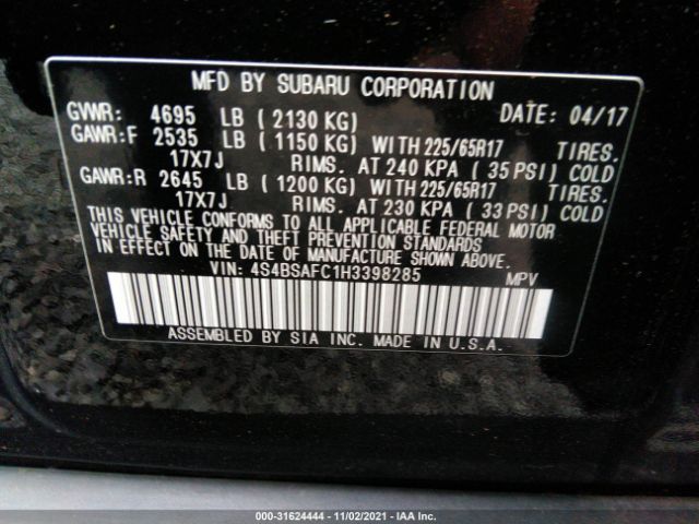 Photo 8 VIN: 4S4BSAFC1H3398285 - SUBARU OUTBACK 