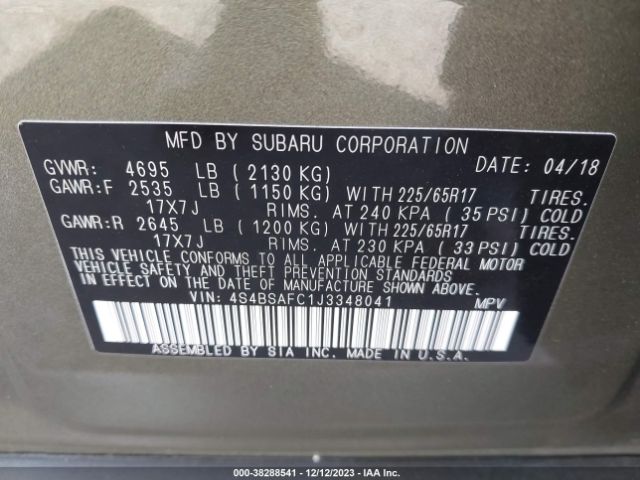 Photo 8 VIN: 4S4BSAFC1J3348041 - SUBARU OUTBACK 